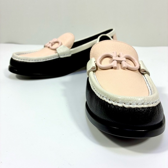 Salvatore Ferragamo Gancini Leather Colorblock Loafers 8.5 Black Pink Ivory NEW - Picture 14 of 17